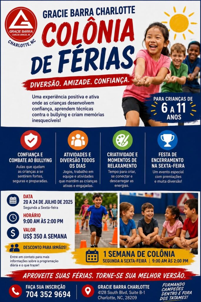 Cartaz da Colônia de Férias da Gracie Barra Charlotte para crianças de 6 a 11 anos.
